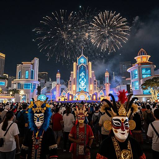 Photograph of a nighttime festival with vibrant fireworks, masked performers in colorful costumes, and illuminated buildings in the background.