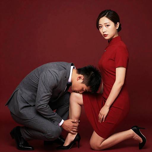 Romantic Pose: Asian Couple in Red