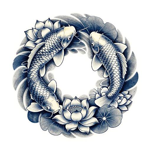 Intricate blue and white circular floral and koi fish tattoo design, featuring detailed scales and petals, centered on a white background.