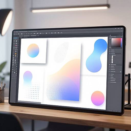 Photograph of a modern digital drawing tablet on a wooden table, displaying a colorful abstract design with blue and pink circles.
