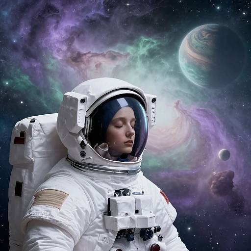 Photorealistic digital image of an Asian woman in a white astronaut suit with a reflective helmet, floating in a colorful, starry space with planets,