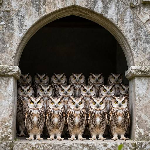 Photograph of twelve owls with striking yellow eyes and brown and white feather patterns, standing in a row within an arched stone alcove.