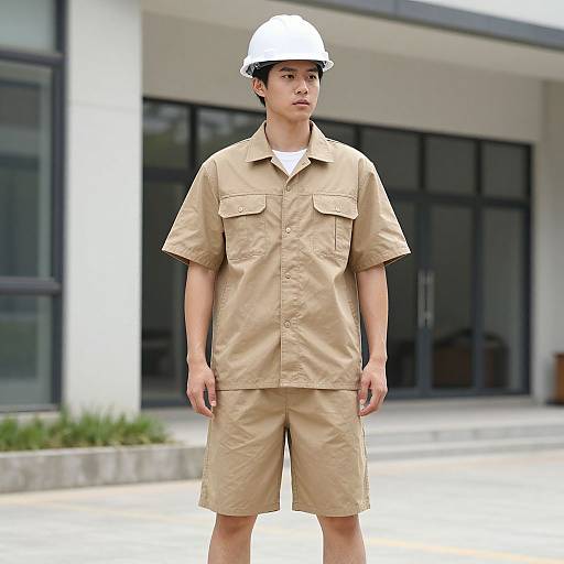 Young Asian man in tan uniform and white hard hat standing in front of modern building with large windows. Photograph.