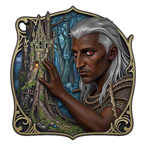 Digital art of a dark-skinned, white-haired elf with red eyes, touching a fantasy castle in a blue forest, framed with ornate gold.