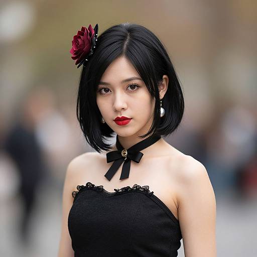 Photograph of an Asian woman with short black hair, red flower hairpin, black strapless dress, red lipstick, black choker, and silver