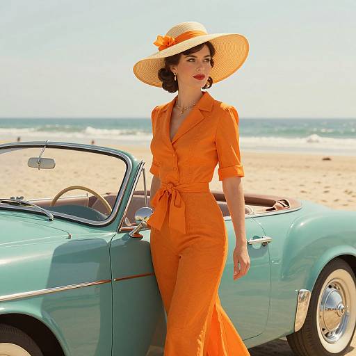 Photograph of a fair-skinned woman in vintage orange jumpsuit and wide-brimmed hat, leaning on a turquoise convertible at a sunny beach.