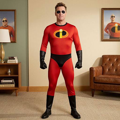 Photograph of a man in a red Mr. Incredible costume, black gloves, and boots, standing in a living room with framed superhero portraits on the