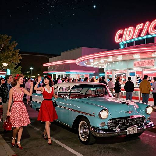 Nighttime photograph of two women in vintage dresses, one red, one red and white, walking past a neon-lit 1950s blue car