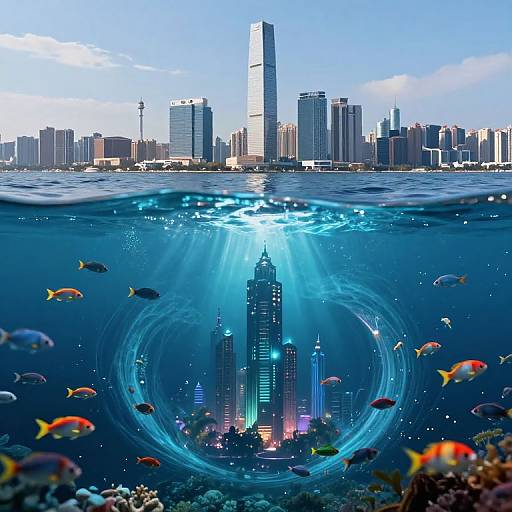 Digital artwork: Underwater cityscape with sunlit skyscrapers, colorful fish, and coral reefs, surrounded by a blue ocean, viewed from above