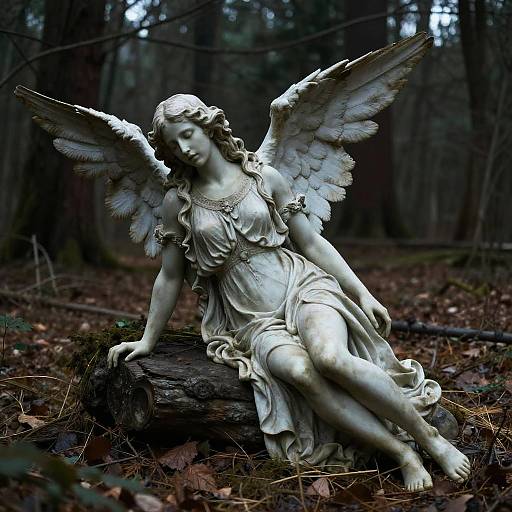 Photograph of a detailed white marble angel statue with large wings, draped in a flowing gown, sitting on a log in a dark, dense forest.