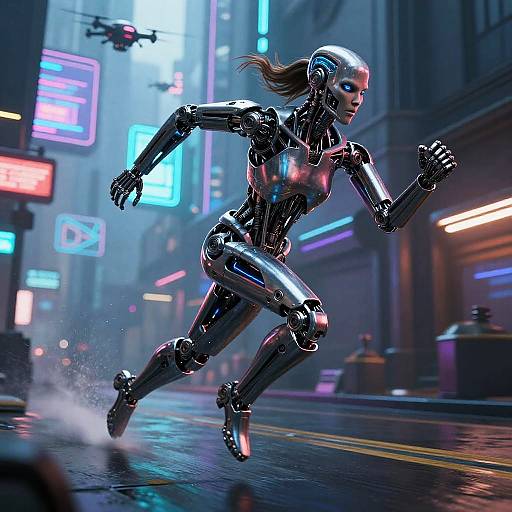 Digital art of a sleek, metallic, female android sprinting in a neon-lit, futuristic city street at night, with water splashes.