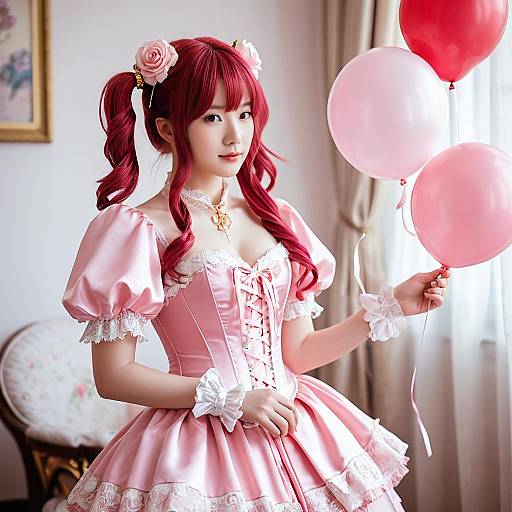 Cosplay Girl in Pink Satin Dress with Balloons