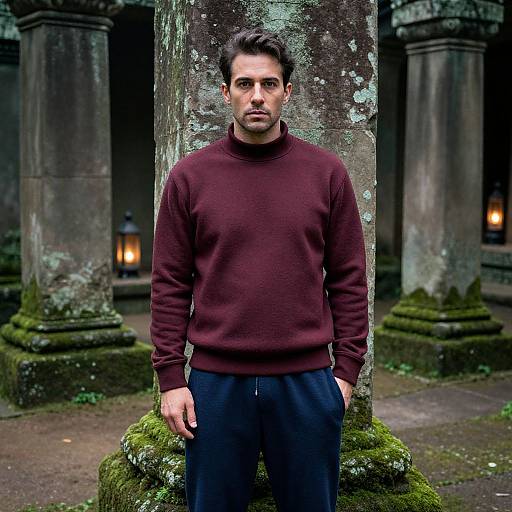 Photograph of a serious, dark-haired man in a maroon sweater and navy pants, standing in a mossy, ancient stone courtyard with lanterns