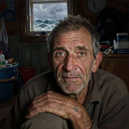 Photograph of an older, weathered man with gray hair and beard, sitting in a dimly lit, cluttered kitchen, looking pensively at