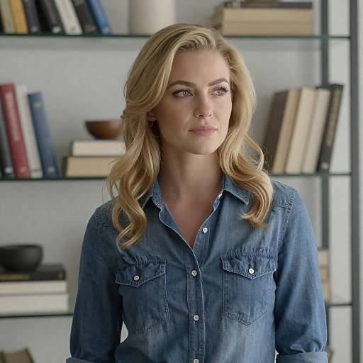 Photograph of a blonde woman with wavy hair, wearing a blue denim shirt, standing in front of a bookshelf. She looks slightly to the