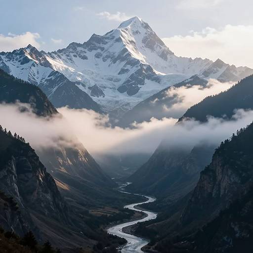 Photograph of a snow-capped mountain peak with a winding river below, surrounded by dark, forested valleys and misty clouds.