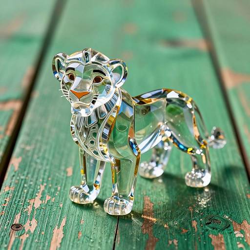 Photograph of a shiny, reflective, silver glass lion figurine standing on a weathered green wooden surface with peeling paint.