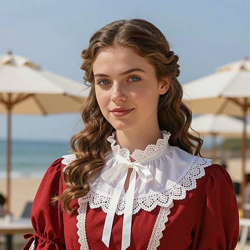 Young Woman in Victorian-Style Red Dress by the Beach