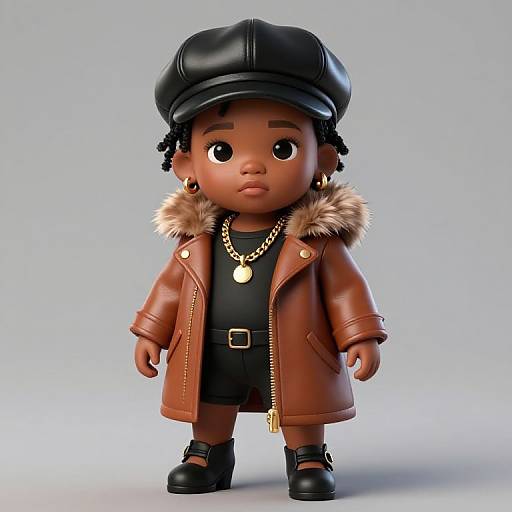 Digital 3D doll with dark brown skin, black curly hair, large eyes, wearing a brown leather jacket, black outfit, gold necklace, black
