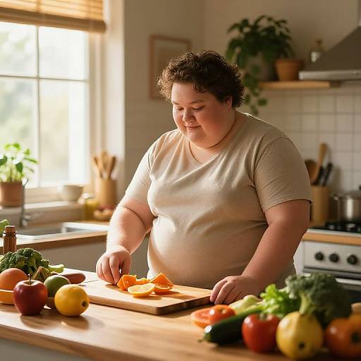 Photograph of a plus-sized woman with curly brown hair, in a beige shirt, slicing carrots on a wooden kitchen counter, surrounded by colorful vegetables and