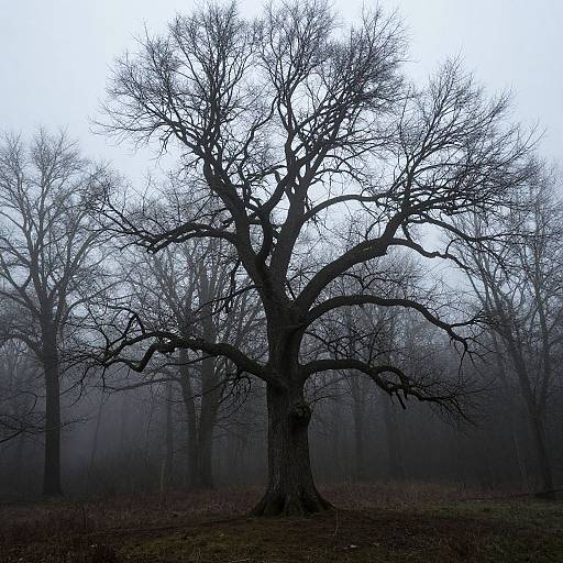 Photograph of a large, leafless tree with intricate branches in a foggy, dark forest, creating a haunting, silhouetted effect.
