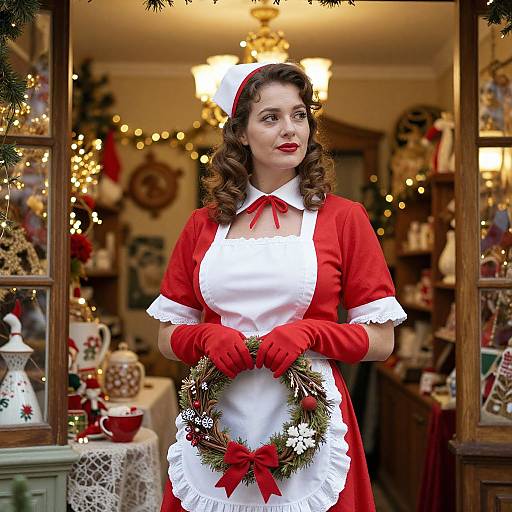 Photograph of a fair-skinned, curly-haired woman in a vintage red and white Christmas maid outfit, holding a wreath, standing in a warmly