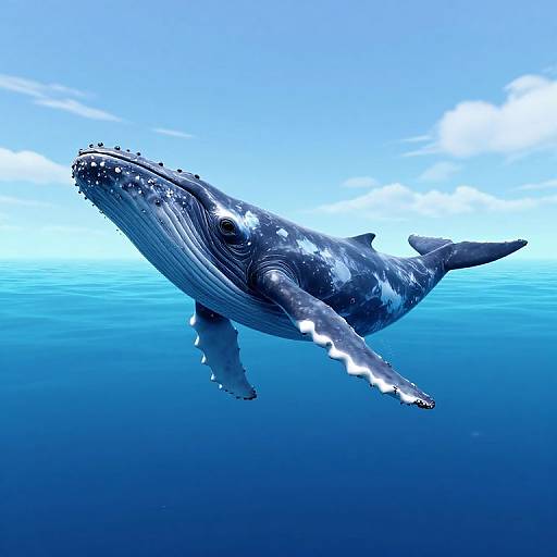 Photograph of a large, majestic humpback whale swimming underwater against a vibrant blue, cloud-dotted sky, with sunlight filtering through the water.