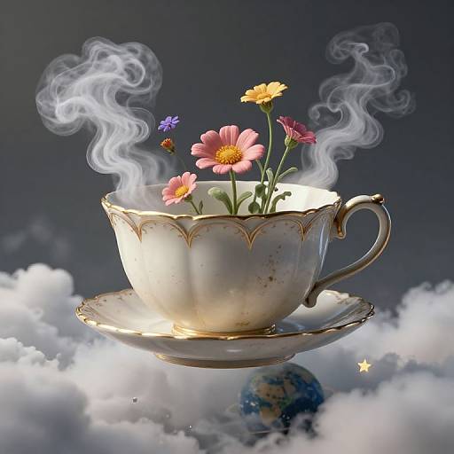 Photograph of a steaming, ornate white teacup with colorful flowers, floating on a cloud-like background, with a blue planet below.