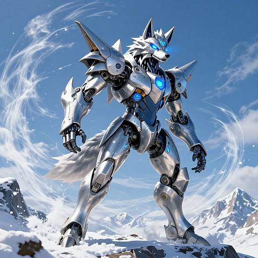 Digital artwork of a silver, robotic wolf with glowing blue eyes and lights, standing in a snowy mountain landscape, surrounded by swirling white energy.