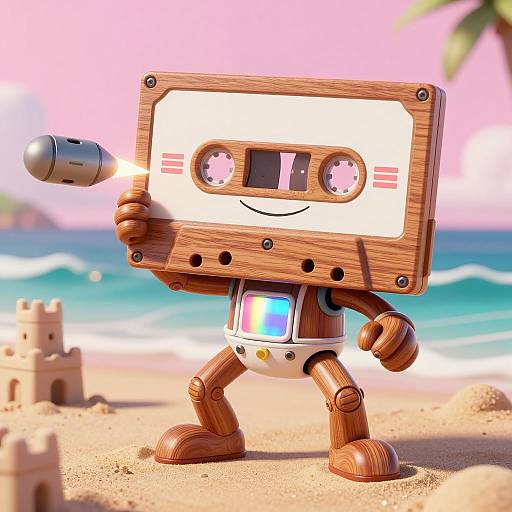 Anthropomorphic Cassette Tape Robot on Beach