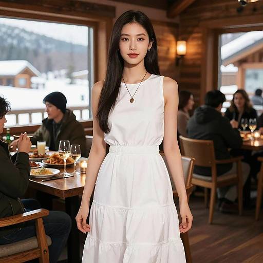 Woman in White Dress at Snowy Chalet Restaurant