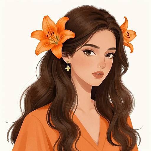 Digital illustration of a beautiful woman with long, wavy brown hair, orange flowers in her hair, orange dress, and star earrings, smiling against a