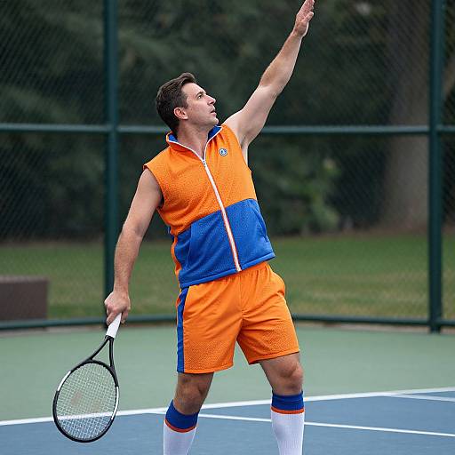 Photograph of a muscular male tennis player in bright orange and blue sleeveless jersey and shorts, white socks, hitting an overhead shot on a green outdoor