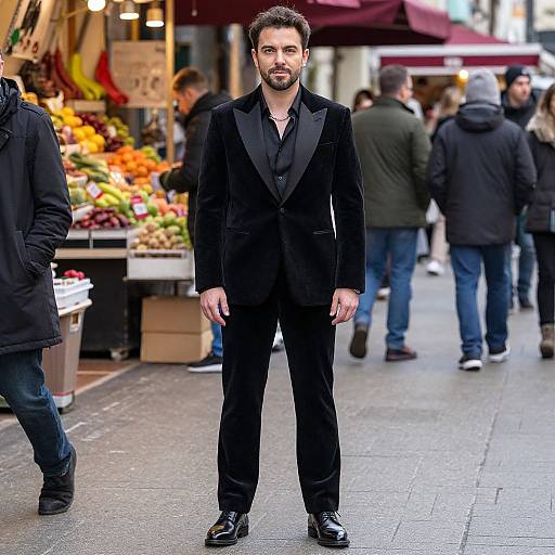 Confident Man in Modern Black Velvet Suit