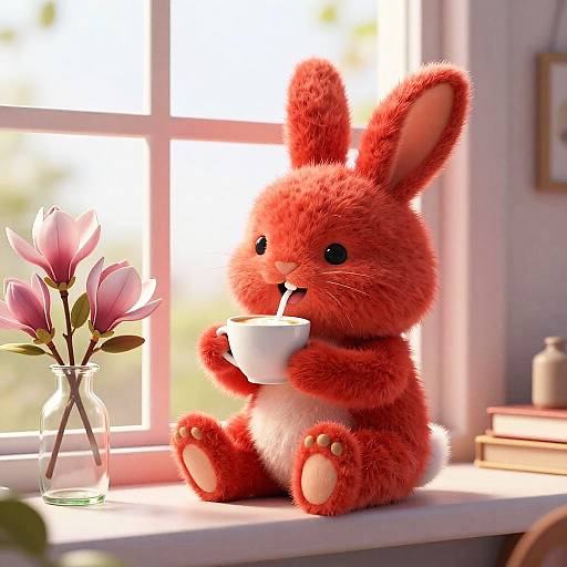 Photorealistic CGI of a fluffy red bunny with white belly, sitting on a windowsill, sipping from a white cup, with pink flowers in