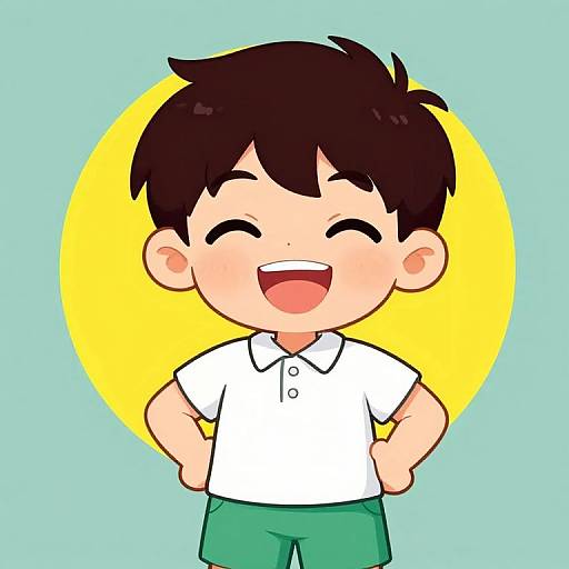 Digital cartoon of a smiling young boy with dark hair, wearing a white polo and green pants, against a yellow circle on light blue background.