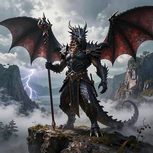 Digital fantasy artwork: A fearsome, black-scaled dragon warrior with red wings, spiky armor, and a staff stands on a rocky cliff amidst