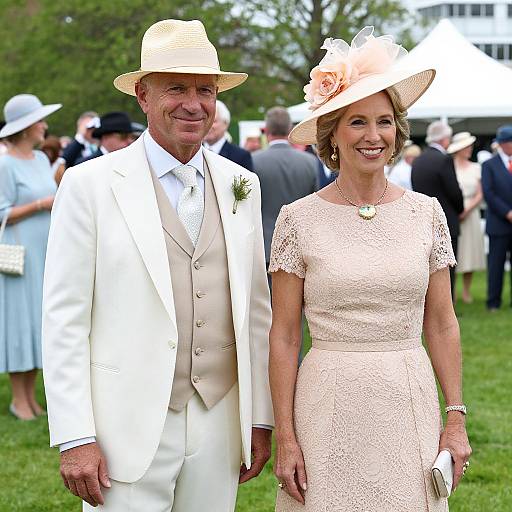 Photograph of a smiling elderly couple in formal attire; he in a cream suit and hat, she in a lace dress and hat with a flower,