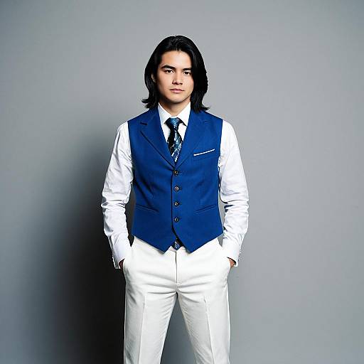 Young Man in Blue Vest and White Pants
