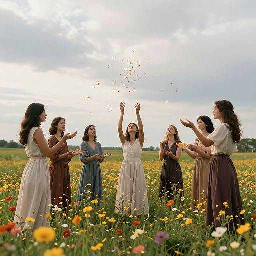 Photograph of six women in flowing dresses, standing in a colorful wildflower field, one woman sprinkling petals into the air under a cloudy sky.