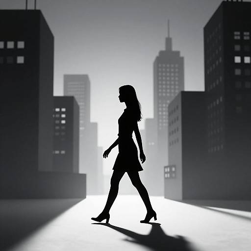 Silhouetted woman in business attire walking in a bright cityscape at night, surrounded by tall buildings with lit windows. Monochromatic, digital