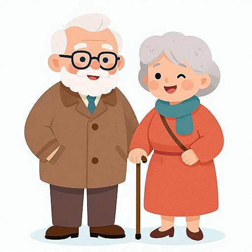 Cartoon illustration of elderly couple: bald man with glasses, brown coat, blue tie, gray beard; gray-haired woman, red dress, blue scarf
