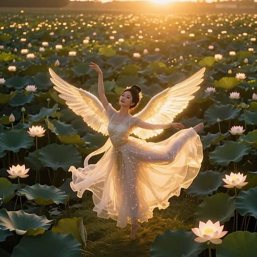 Luminescent Dancer in Glowing Lotus Field