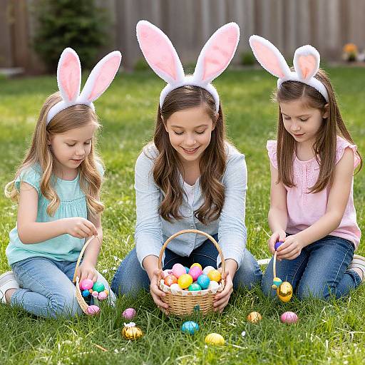 Photograph of three young girls with white bunny ears, sitting on grass, coloring Easter eggs, and holding a basket of eggs.