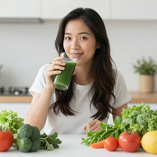 Asian woman with long black hair, white shirt, drinking green smoothie, surrounded by colorful vegetables on a bright kitchen counter.