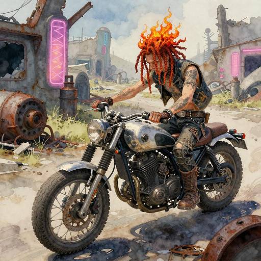 Digital artwork of a muscular, tattooed man with fiery, dreadlock-like hair riding a black motorcycle in a ruined, neon-lit urban wasteland
