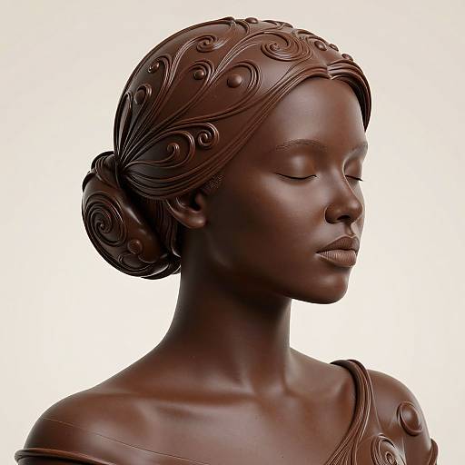 Photorealistic bronze sculpture of a serene African woman with intricate, swirled hair, closed eyes, and off-shoulder garment, set against
