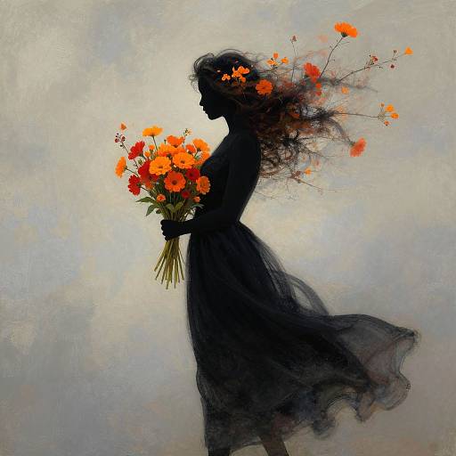 Silhouette of a woman with flowing hair, holding a bouquet of vibrant orange flowers, against a soft, textured gray background. Digital artwork.