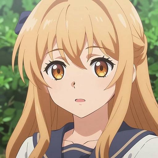 Anime-style digital drawing of a blonde-haired girl with large amber eyes, wearing a navy blue and white school uniform, against a green leafy background.