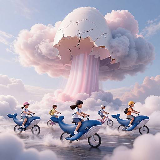 Digital art: Five children on blue scooters racing towards a massive, cracked, pink-and-white cloud with light beams and smoke.
